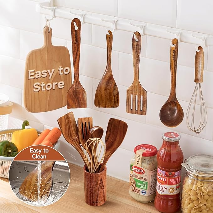 4 Pcs Wooden Spoons for Cooking-Non Scratch Cooking Utensil Set Natural Solid Wood Material Teak Wooden Kitchen Utensil Set-Spatulas，Fried Spatula，Slotted Spatula，Ladle