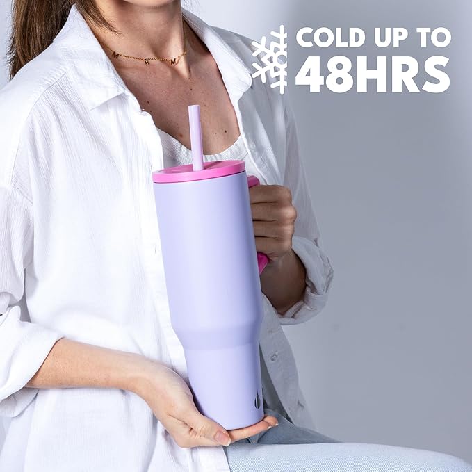 Elemental 40 oz Tumbler with Handle and Straw - Spill Proof Insulated Stainless Steel Commuter for Hot and Cold Beverages - Travel Coffee Mug with 2 Straws & Spill Proof Lid - 40oz - Lilac Tie Dye