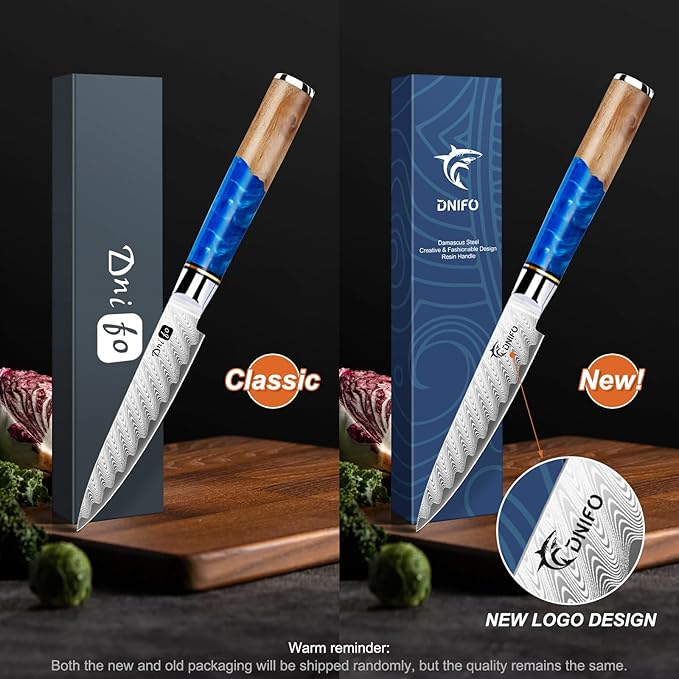 Kitchen Utility Knife 5 Inch, Japanese VG10 Steel Damascus Paring knife, Small Kitchen chef Knife with Gift Box and Resin Wood Handle, Ideal Birthday Gift for Men and Women