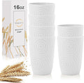 Wrova Wheat Straw Water Cups 16oz with Etched Pattern - Alternative Plastic Drinking Glasses Set of 6 - Unbreakable Tumbler Reusable Water Cups for Kids - White