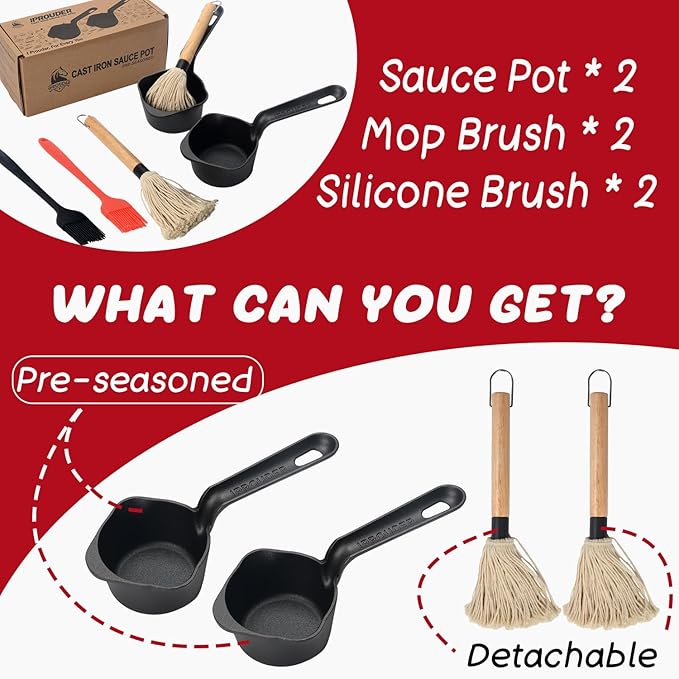 Cast Iron Sauce Pan and Basting Pot with BBQ Mop Brushes - Cast Iron Small Sauce Pots 2 Pcs for Grilling, Melting, Camping Cooking & Stoves - Mini Pot for Butter Melter