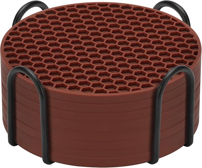 Silicone Coaster Set of 8 with Holder, Drinks Coasters, Beer & Coffee, Anti-Slip, Non-Stick, Anti-Overflow Tabletop Protection and Decor (8 Pcs, Brown)