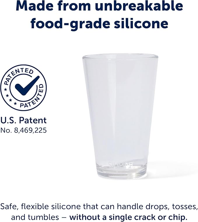 Silipint 4-Pack 16oz Silicone Pint Glass – Unbreakable, BPA-Free, Reusable Silicone Drinking Cup – Flexible, Microwave & Freezer Safe – Stemless Glass for Coffee, Smoothies (Crystal Clear)