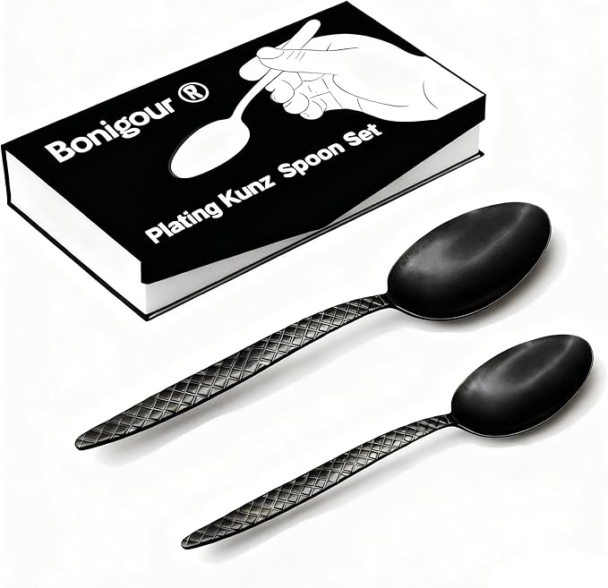 Chef Kunz Spoons - Professional Set for Basting, Plating, Quenelle, Serving, Sauces| Vintage-inspired 8" & 9" Chef Spoon Set| Culinary Plating Tools with Non-Slip Grip (Black)