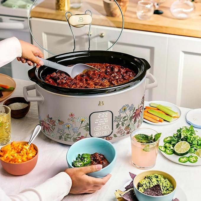 Beautiful 6 Qt Programmable Slow Cooker by Drew Barrymore - 5 Preset Cooking Functions, Digital Countdown Timer, Dishwasher-Safe Parts, and Cool-Touch Handles (Wildflower Porcini Taupe)