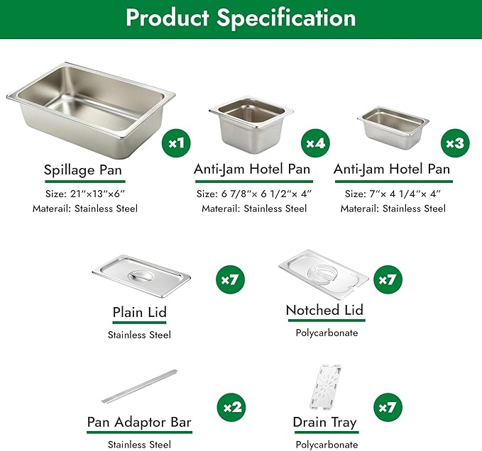 HECMAC Ice Chilled Condiment Serving Container (7 Pan), 2 Types of Lids, Drain Tray, 23 Gauge Anti-Jam Food Pan Commercial Heavy Duty Spice Rack Set, for Kitchen Buffet Catering