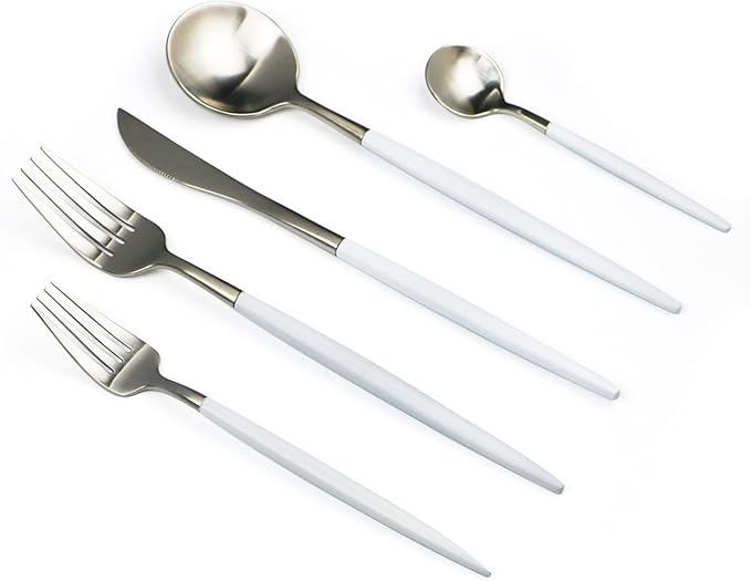 Customized 5-Piece 18/10 Stainless Steel Flatware Set, Serive for 1, With Fork Spoons Knife Teaspoon Dessert Fork for Home Kitchen Restaurant Hotel (White + Silver)