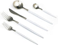 Customized 5-Piece 18/10 Stainless Steel Flatware Set, Serive for 1, With Fork Spoons Knife Teaspoon Dessert Fork for Home Kitchen Restaurant Hotel (White + Silver)