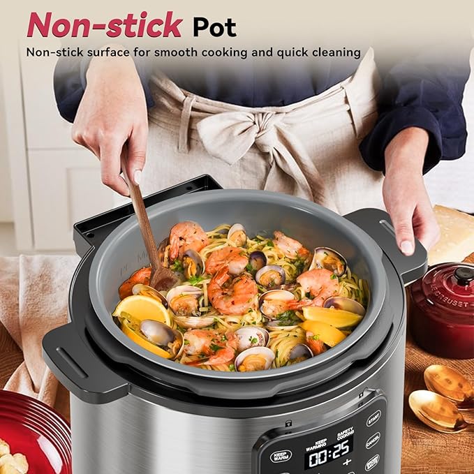 Electric Pressure Cooker 6 Quart Silver, Non-stick Pot, 9-in-1 Instant Pot, 12 Preset Functions with Touchscreen, Safe Steam Release, Stew, Slow Cook, Rice, Sauté, Warmer