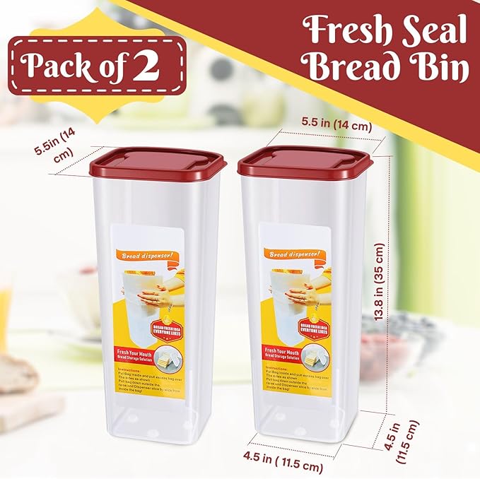 Flexzion 2 Pack Bread Containers Storage Airtight Loaf - Clear Bread Box for Kitchen Countertop BPA-Free Bread Loaf Storage Container Space-Saving & Durable Plastic Bread Container & Dispenser, Red