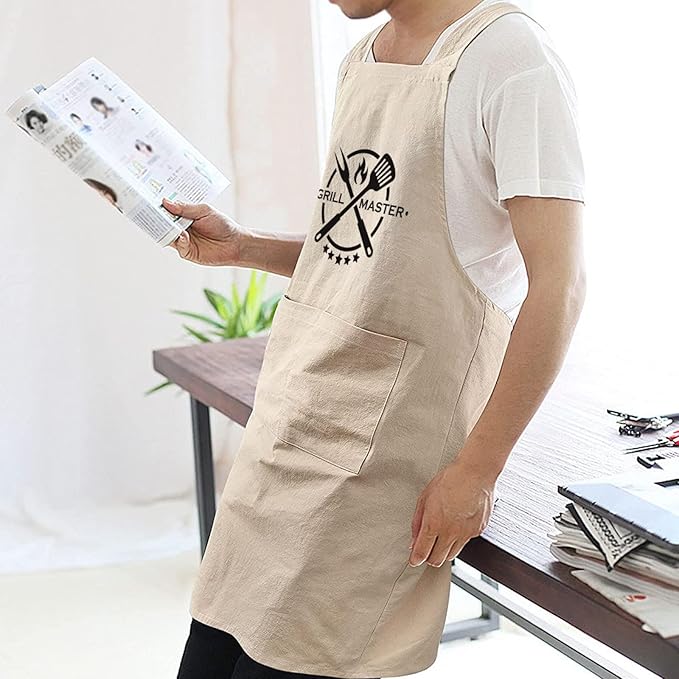 Cotton Linen Apron Non-tie Cross Back Kitchen Apron with Pockets Soft Comfortable Durable for Cooking Baking Gardening (Khaki,Grill Master)