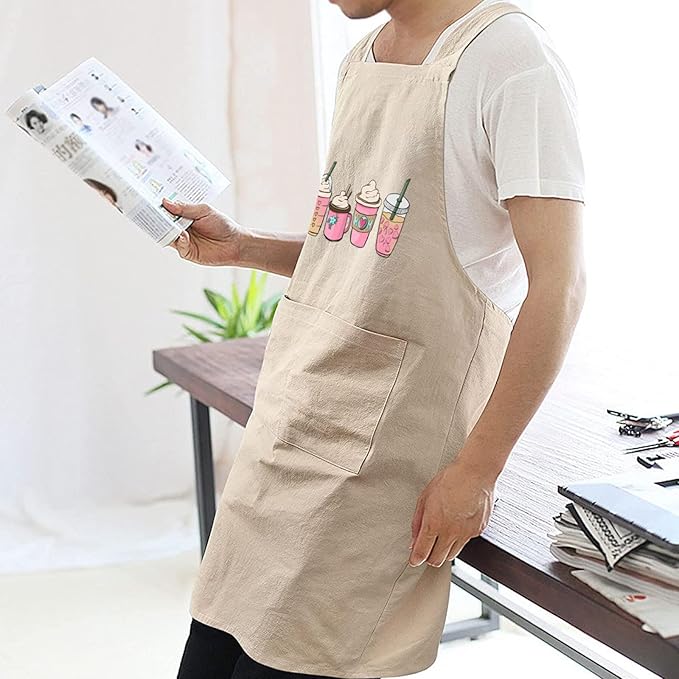 Cotton Linen Apron Non-tie Cross Back Kitchen Apron with Pockets Soft Comfortable Durable for Cooking Baking Gardening (Khaki)