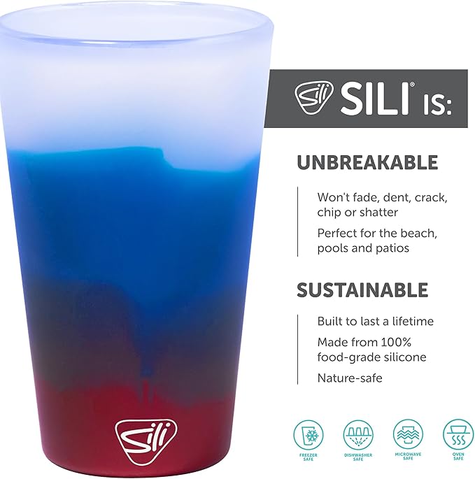 Silipint 16oz Silicone Pint Glass – Unbreakable BPA-Free Reusable Silicone Drinking Cup – Flexible Dishwasher Microwave & Freezer Safe – Stemless Glass for Water Coffee Smoothies (Americana)