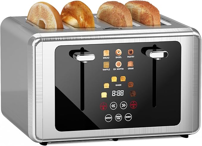 4 Slice Toaster, Touchscreen & Dual Independent Control Panel，5 Basic Functions & Digital Countdown Toasters, 6 Shade Settings＆6 Bread Types, Smart Bread Maker Mute/Screen-Off,Titanium