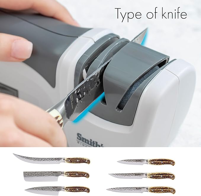 Smith’s 50097 Compact Electric Knife Sharpener | White & Grey | Kitchen Knife 2 Stage Sharpener | Electric & Manual | Blade Guide | Quick Sharpening & Polishing | Straight Edge Blades | Handheld