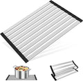 17.7" x 12.8" Roll-Up Dish Drying Rack Over Sink - Kitchen Sink Cover and Organizer Gadget with Foldable Stainless Steel Drainer and Sink Mat, Silver Dish Rack - Small