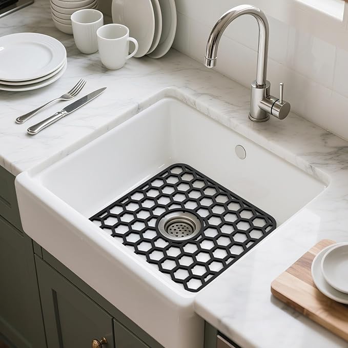 Silicone Sink Protectors for Kitchen Sink - 12" x 11" Kitchen Sink Grid Accessory, Non-Slip Heat-Resistant Mat for Bottom of Porcelain Stainless Steel, Dishwasher Safe (Black)