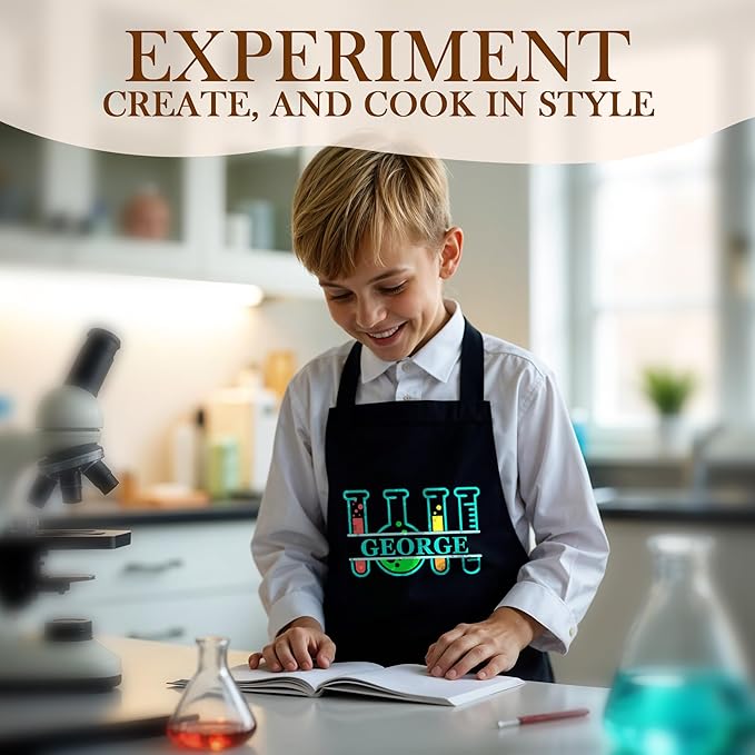 Personalized Science Apron for Kids with Custom Name – Customized Scientist Outfit for Children – Fun Laboratory Apron for Students, Experiments, Chemistry Play, and Educational Learning Activities