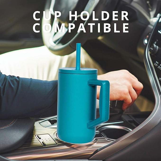 Elemental 40 oz Tumbler with Handle and Straw - Spill Proof Insulated Stainless Steel Commuter for Hot and Cold Beverages - Travel Coffee Mug with 2 Straws & Spill Proof Lid - 40oz - Teal