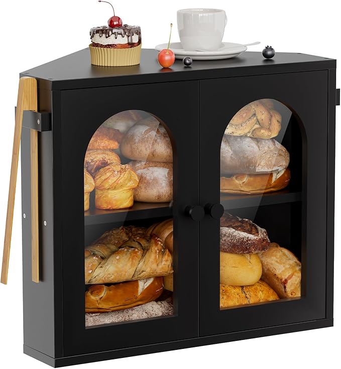 WOWLIVE Corner Bread Box for Kitchen Countertop, 2 Tier Bamboo Bread Storage Container for Homemade Bread with Clear Acrylic Door Panel, Large Bread Bin Farmhouse Breadbox Organizer (Black, Medium)