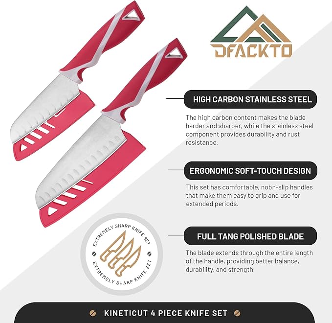 DFACKTO 2-PC Santoku Knife Set – Stainless Steel Kitchen Cooking Knives w/Protective Covers, Dishwasher Safe, No Block, Sharp Chef Cutlery for Chopping, Cutting, Slicing Meat & Vegetables - Magenta