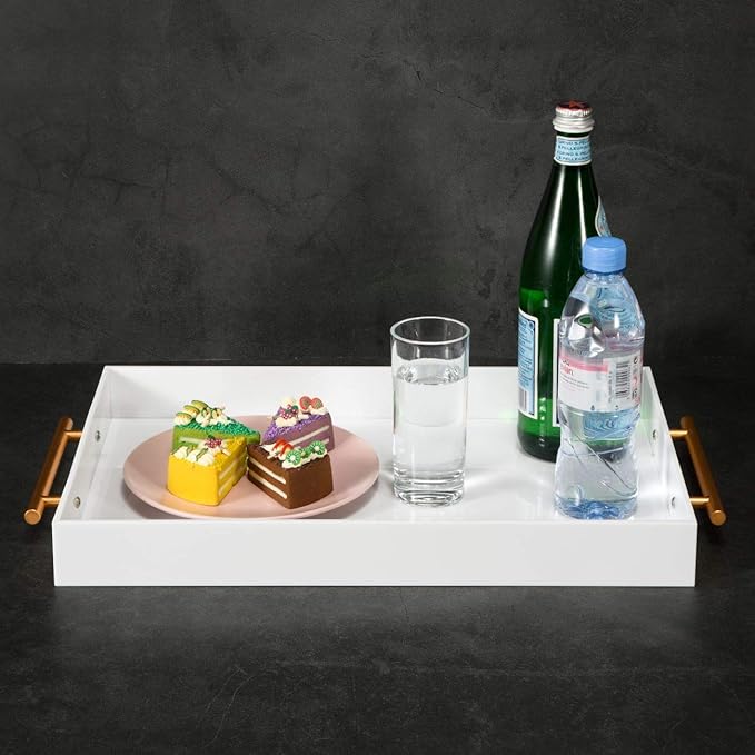 Glossy White Acrylic Tray with Metal Handle,No Need to Assemble-Acrylic Tray for Ottoman,Coffee Table, Breakfast, Tea, Food, Butler - Decorative Tray (12x18 Inch, White)