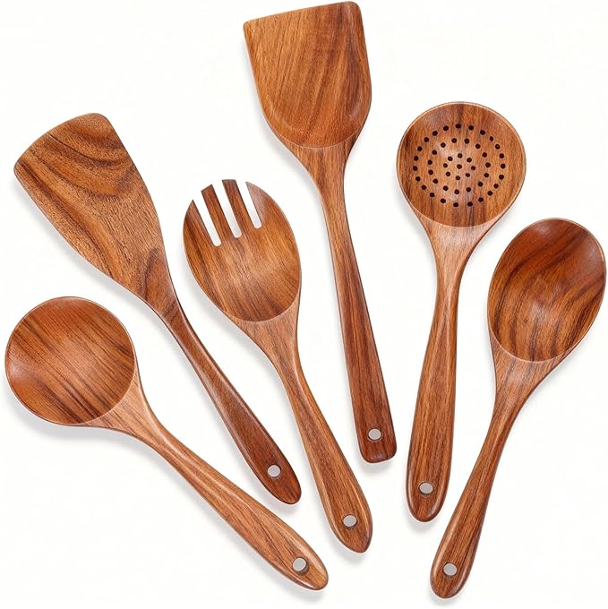 Premium 6pcs Wooden Spoons Set for Cooking - Durable Teak Wood Kitchen Utensils Set with Smooth Surface, Heat-resistant & Scratch-proof Spatula, Best Gift for Cooking Lovers