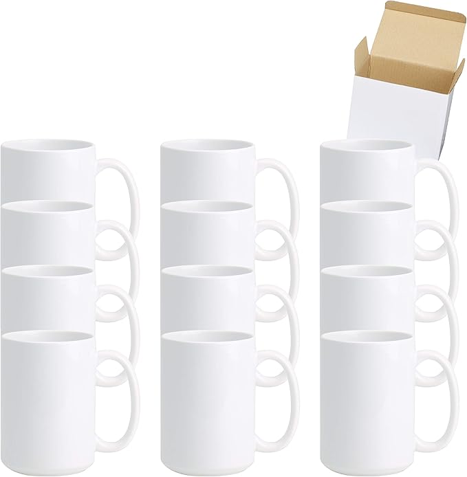 Ceramic 15oz White Sublimation Coffee Mug in White Box, Case of 24
