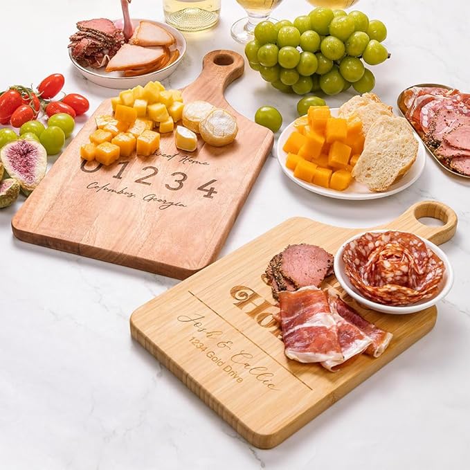 Personalized Wooden Engraved Cutting Boards with Handle, Custom Reversible Monogrammed Cheese Board S M L, Housewarming Wedding Gift for Family or Couple (38 Design Styles)