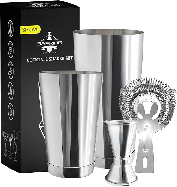 Boston Cocktail Shaker Bar Set, Weighted Boston Shaker Tins, Bartender Kit with 18oz & 28oz Mixed Drink Shaker, Hawthorne Strainer, Double Measuring Jigger - Silver