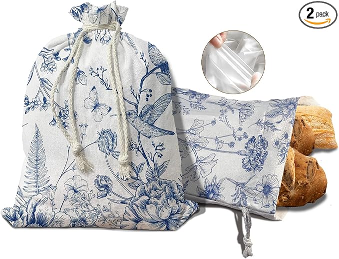 UTELKA Blue Linen Bread Bag for Sourdough Bread 2Pcs, Chinoiserie Reusable Beeswax Homemade Bread Bags for Baker Mom Women Kitchen Housewarming Gifts, Cloth String Storage Bread Box 16.5x12