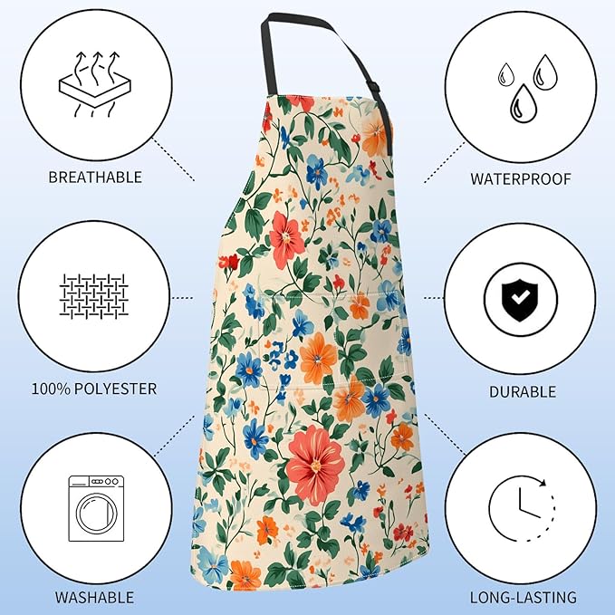 Retro Floral Apron for Women with Flowerl,28x33in,Vintage Garden Kitchen Aprons with 2 Pockets, Oxford Fabric,Beautiful Adjustable Apron for Cooking Baking Gardening Chef,Gifts for Mom Wife