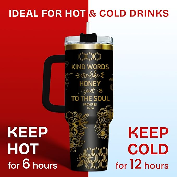 34HD Honey Bee Tumbler with Handle & Straw, 40oz Stainless Steel Vacuum Insulated Christian Coffee Mug, Bee Gifts for Birthday Mothers Day Christmas, Gifts for Women Teachers Mom Daughter Friend