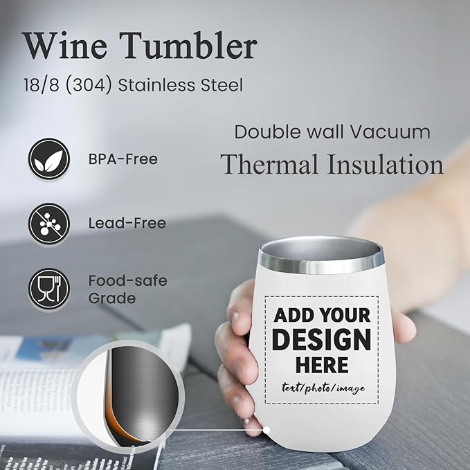 MEWAY Personalized Custom 12oz Wine Tumbler with Lid, Insulated Double Wall Vacuum Travel Tumbler Gifts with Text Photo Logo (White, 1pack)