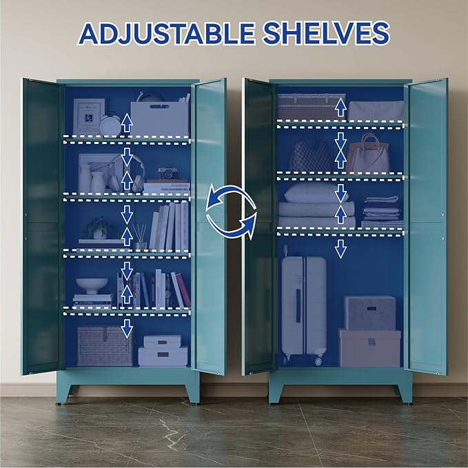 COFaR 71 in Tall Metal Storage Cabinet, Metal Cabinet with 3 Adjustable Shelves and Barn Doors, Farmhouse Cupboard Storage for Kitchen Pantry Garage, Peacock Blue 5-Tier