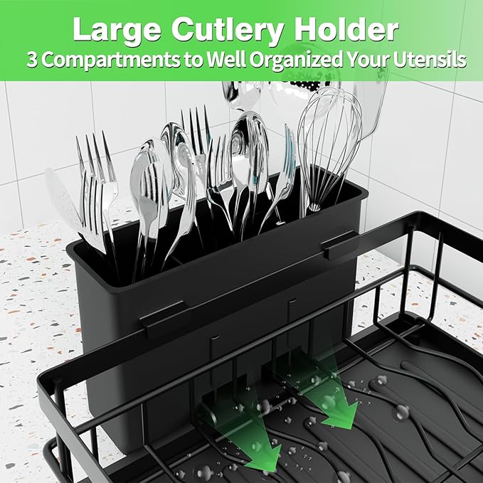 Dish Drying Rack 2-Tier, Large Dish Drying Rack for Kitchen Counter, Double Rustproof & Auto-Drain Multifunctional Organizer with Removable Utensil Holder, Cup Holder, for Plates, Cups, Knife fork