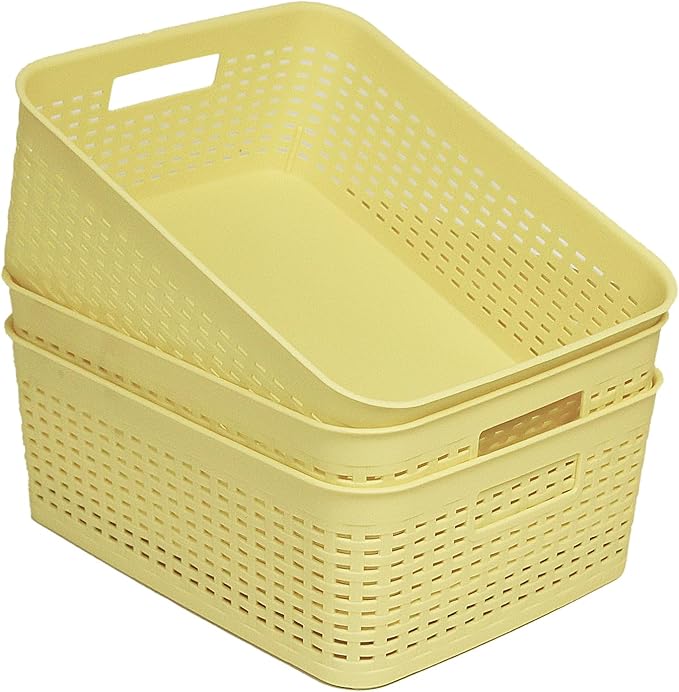 Plastic Storage Baskets for Cabinets, Household Pantry Organization with Handle,Organizer Bins for Room,Bathrooms,Under-Sink,Kitchen (Yellow, M-3PACK)