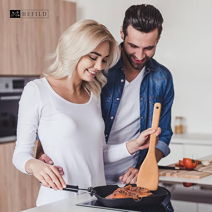 2pcs Wooden Spatulas for Cooking, 13inch Coated Beech Wood Turners for Frying, Non-Scratch Flat Spurtle for Pan & Wok, Cooking Utensils for Non Stick Cookware, Long Handle Scraper