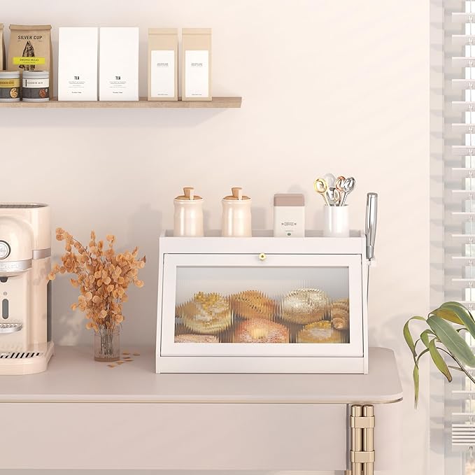 Bamboo Bread Box with Shelf for Kitchen Counter-Large Capacity Bread Storage Container with Wavy Arcylic Transparent Door Bamboo Wooden Farmhouse Bread Box for Your House (White)