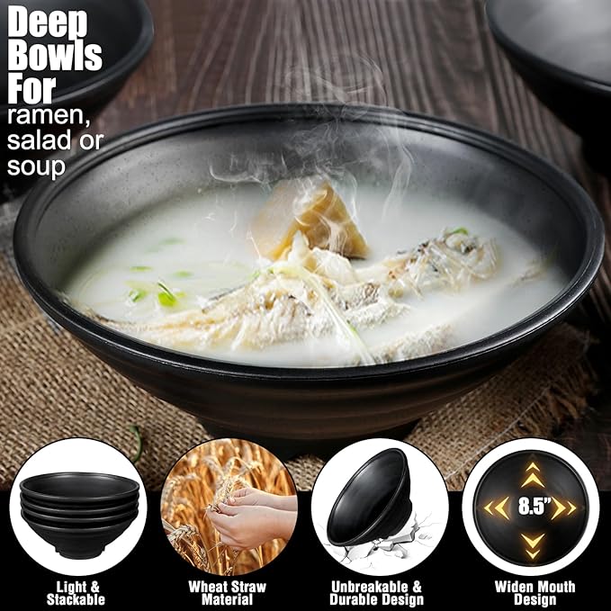 shopwithgreen Thin Plastic & Wheat Straw Japanese Ramen Bowl Set of 4, 44 OZ Large Ramen Bowls for Pho Thai Udon Soup Buldak Noodles, Dishwasher & Microwave Safe, Wheat Straw Bowls Set, NOT CERAMIC