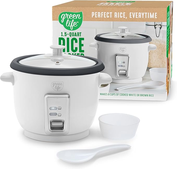 GreenLife Rice Cooker with Removable PFAS-Free Nonstick Pot, 3-Cups Uncooked/6-Cups Cooked, One-Switch Design, Auto Keep Warm Function, Soup, Grains, Oatmeal, Wood Handle, White