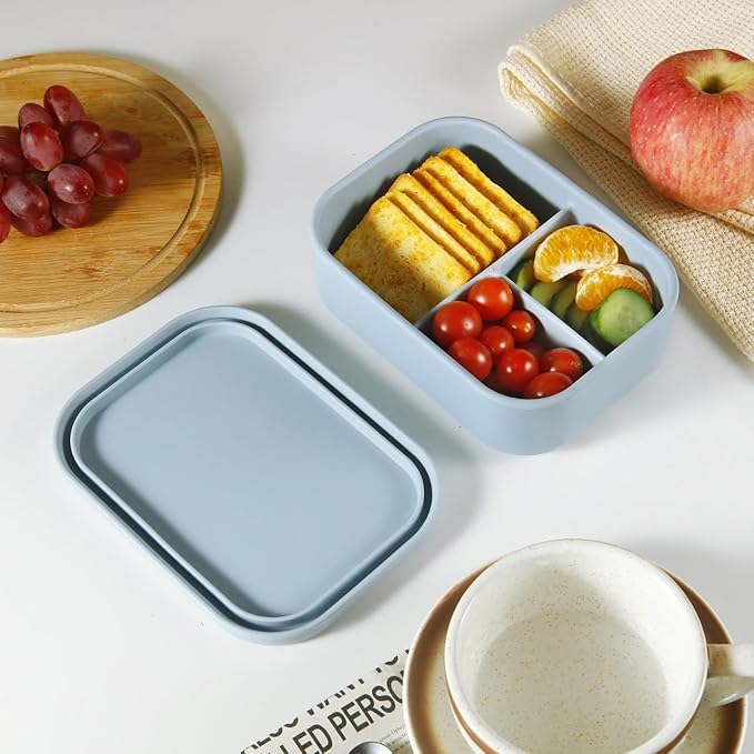 PandaEar Silicone Bento Lunch Box for Toddlers Kids, 3 Compartments, Leak-Proof & BPA-Free Lunch Container, Microwave & Dishwasher Safe (Blue)
