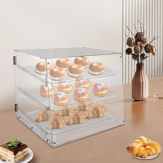 Commercial Bakery Pastry Display Case, 3-Tier Large Cookie Display Stand with Magnetic Door Lock, Adjustable Bread Box for Bakery, Coffee Shop, Snack Store