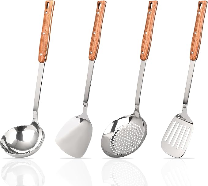 FJNATINH Kitchen Utensils Set, Wok Spatulas, Ladle, Skimmer Spoon, Slotted Turners, Heat Resistant Stainless Steel Wok Tools for Serving, Cooking, Stirring, 4Pcs