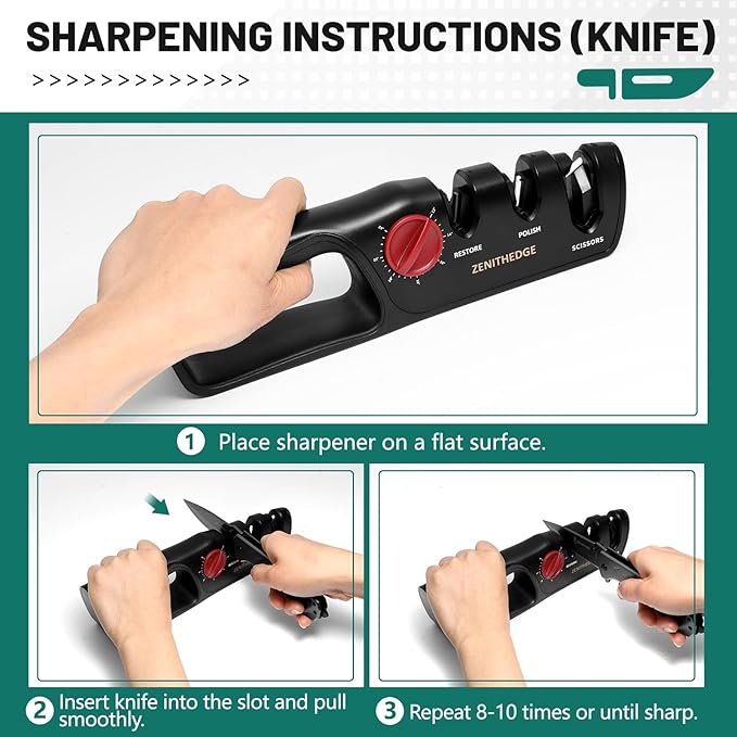 ZenithEdge® 3-in-1 Adjustable Knife Sharpener 14°-24° Angles for Kitchen, Fillet, Pocket Knives & Scissors - Tungsten Steel Ceramic Non-Slip Precision Sharpening Tool Gift