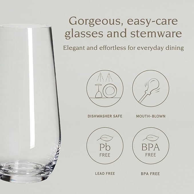 over&back 19oz Traditional Glassware - Set of 4 Classic Stemless Drinking Glasses for Parties, Get-togethers, and More - Mouth-Blown - Wine Cups for Kitchen and Dining Room - Clear