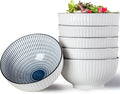QINLANG 6 Inch Blue and White Porcelain 30 oz Bowls Set of 6 for Soup, Cereal, desserts, ice cream and Rice - Striped Pattern