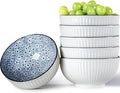 QINLANG 6 Inch Blue and White Porcelain 30 oz Bowls Set of 6 for Soup, Cereal, desserts, ice cream and Rice - Floral Pattern