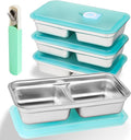 4PC Stainless Steel Snack Boxes, Double Compartment Leakproof Container with Lids for Travel, Camping. Includes Free Fork & Spoon Set.