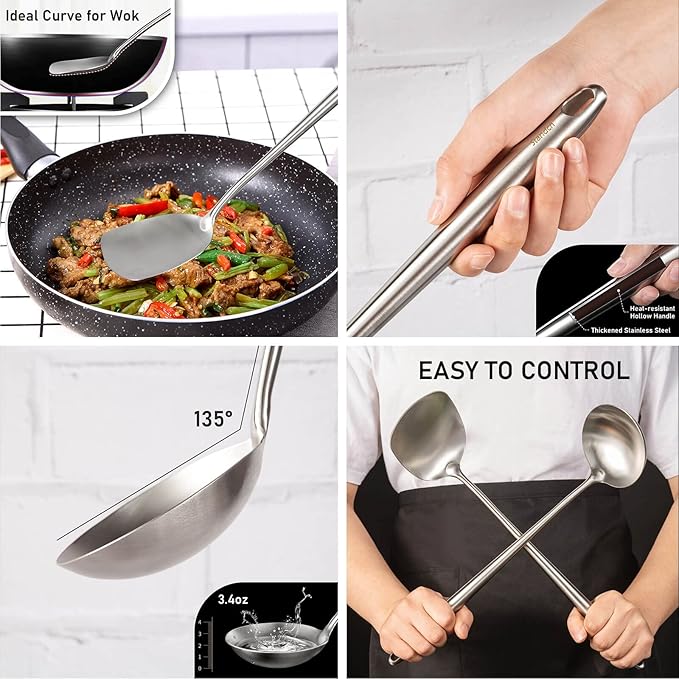 17” Wok Spatula and Ladle, Skimmer Spoon, Slotted Spatula - 304 Stainless Steel Kitchen Utensils Set, 4-Pieces Extra Long Handle Cooking Tools, All Metal Chinese Wok Utensils and Wok Accessories